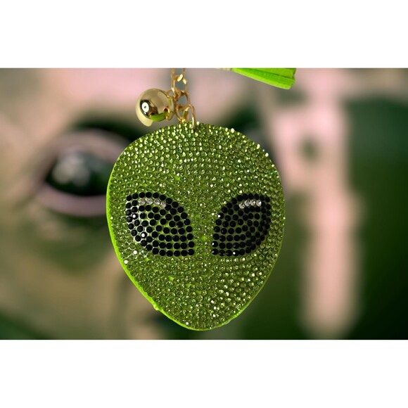 Extraterrestrial Crystal Bejeweled Keychain - Alien Head w Green Tassel - Picture 3 of 6